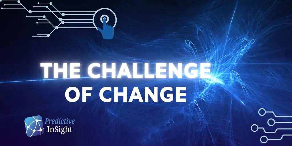 Text on a blue abstract digital background reads “The Challenge of Change,” echoing themes from Looking Back and Looking Forward by Ed McLaughlin. Logos and circuit illustrations appear in the corners, emphasizing innovation amidst transformation.
