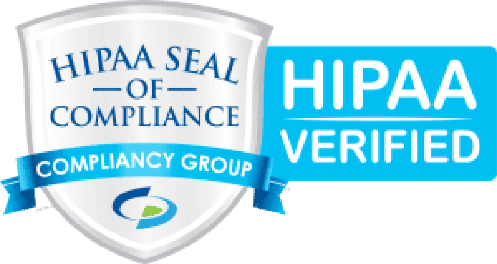 1edaf5d8c9167b4da27937cb62d0f630 HIPAA Seal of Compliance badge with blue ribbon stating Compliancy Group next to a blue box labeled HIPAA Verified.