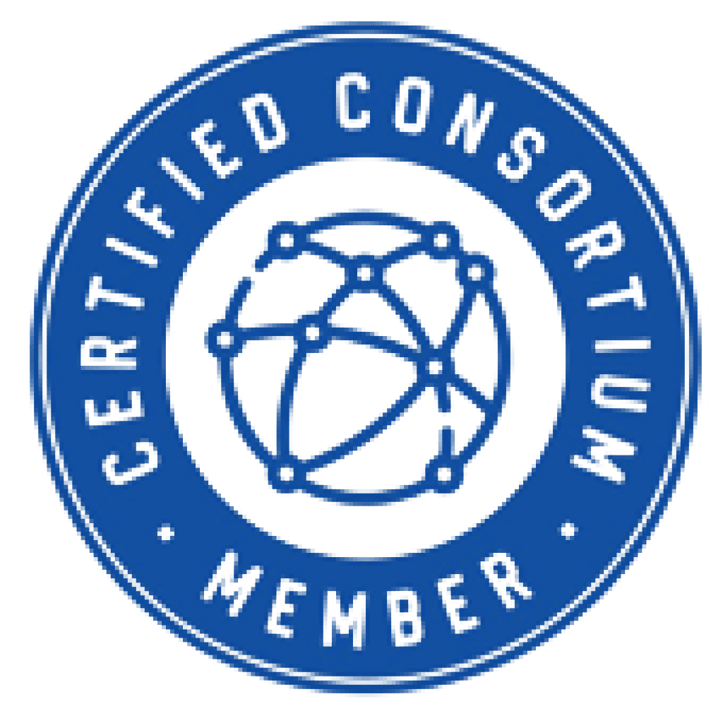 444090f19967439a321dda677b34613f Blue circular badge with the words Certified Consortium Member surrounding a globe icon linked by nodes, symbolizing network or collaboration.