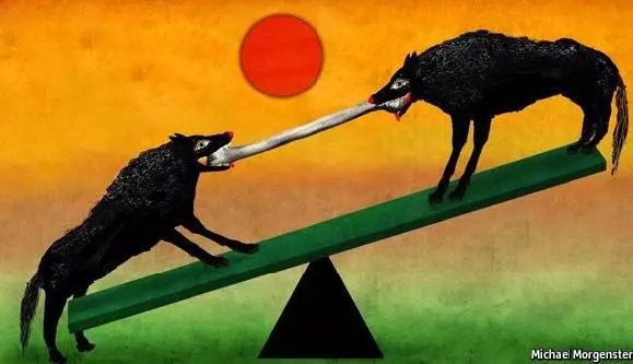 Two black wolves stand on opposite ends of a seesaw, pulling on a bone with their mouths, symbolizing the tension of adjacency, with an orange sun and gradient sky in the background.