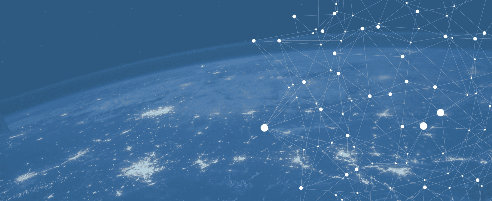 View of Earth from space at night with city lights visible, overlaid with a network of connected white dots and lines in the upper right corner, representing global digital connectivity.