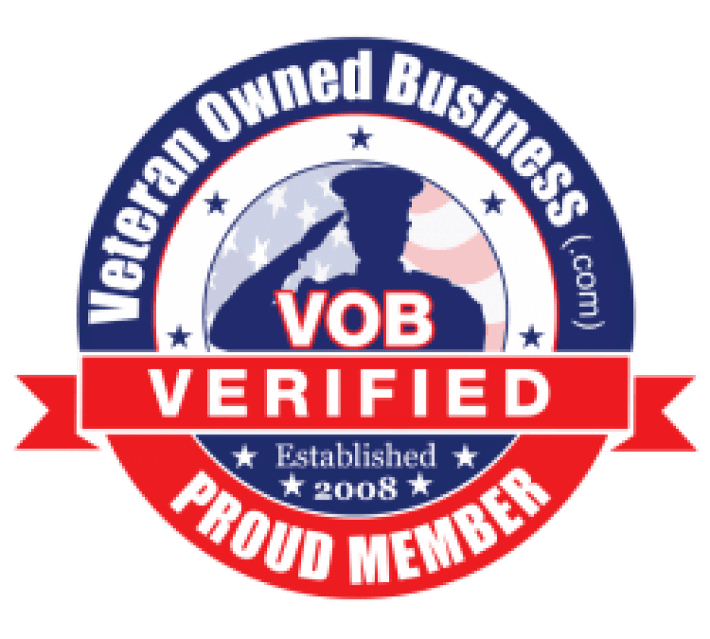 d0d6f7792adc15c7eaab7a11ece40ae8 Badge with a saluting soldier silhouette and stars, reads: Veteran Owned Business (.com), VOB VERIFIED, Established 2008, and Proud Member on red, white, and blue background.