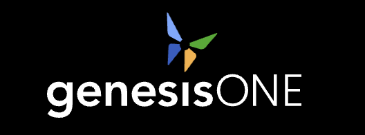The image shows the text genesisONE in white, with a pinwheel-shaped logo of blue, green, and orange shapes above the i. Set against a black background, this striking design is often featured in Case Stories to highlight innovation and creativity.