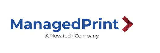 The image shows the ManagedPrint logo in blue text with a red arrow and the tagline A Novatech Company beneath it, representing a brand known for its impactful case stories in managed print solutions.